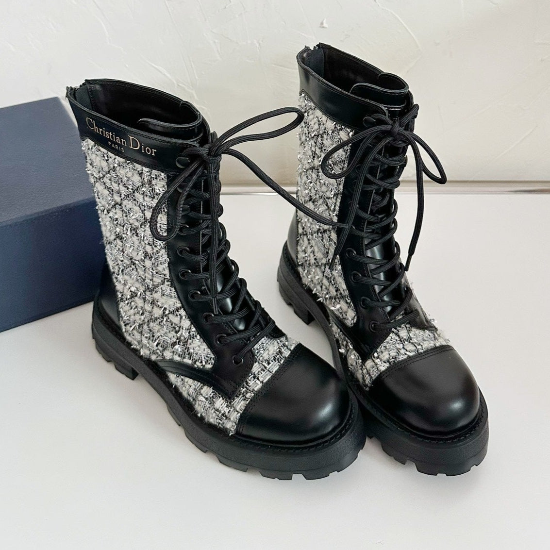 D-UNIT ANKLE BOOT BLACK CALFSKIN WITH WHITE AND BLACK CANNAGE TWEED - 35