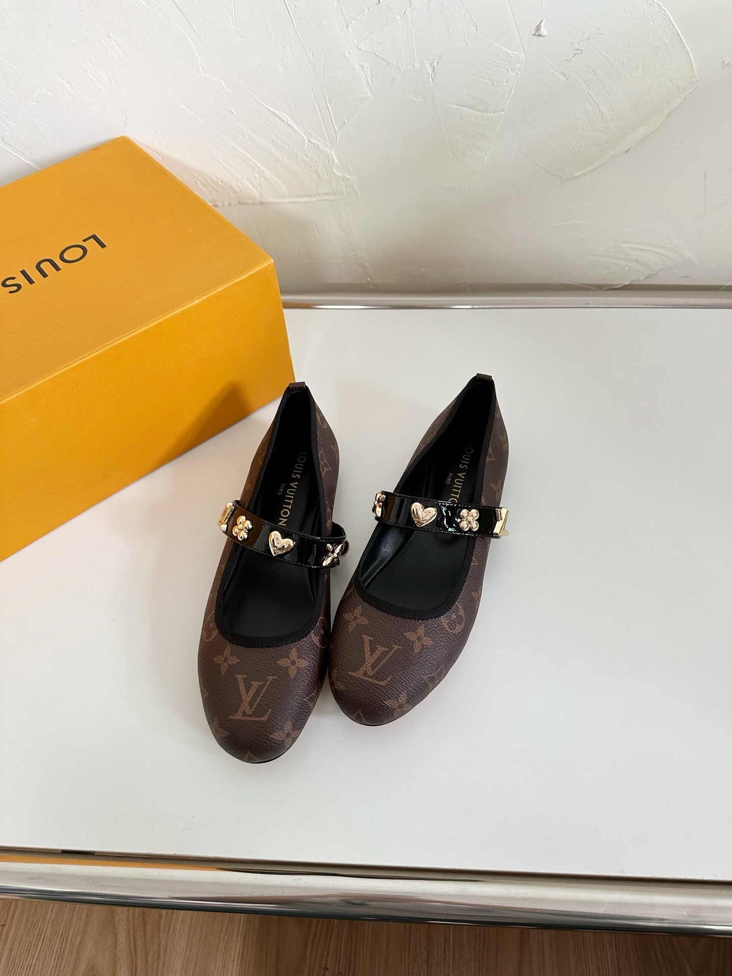 ROMY FLAT BALLERINA IN CHOCOLATE BROWN MONOGRAM CALFSKIN - 35
