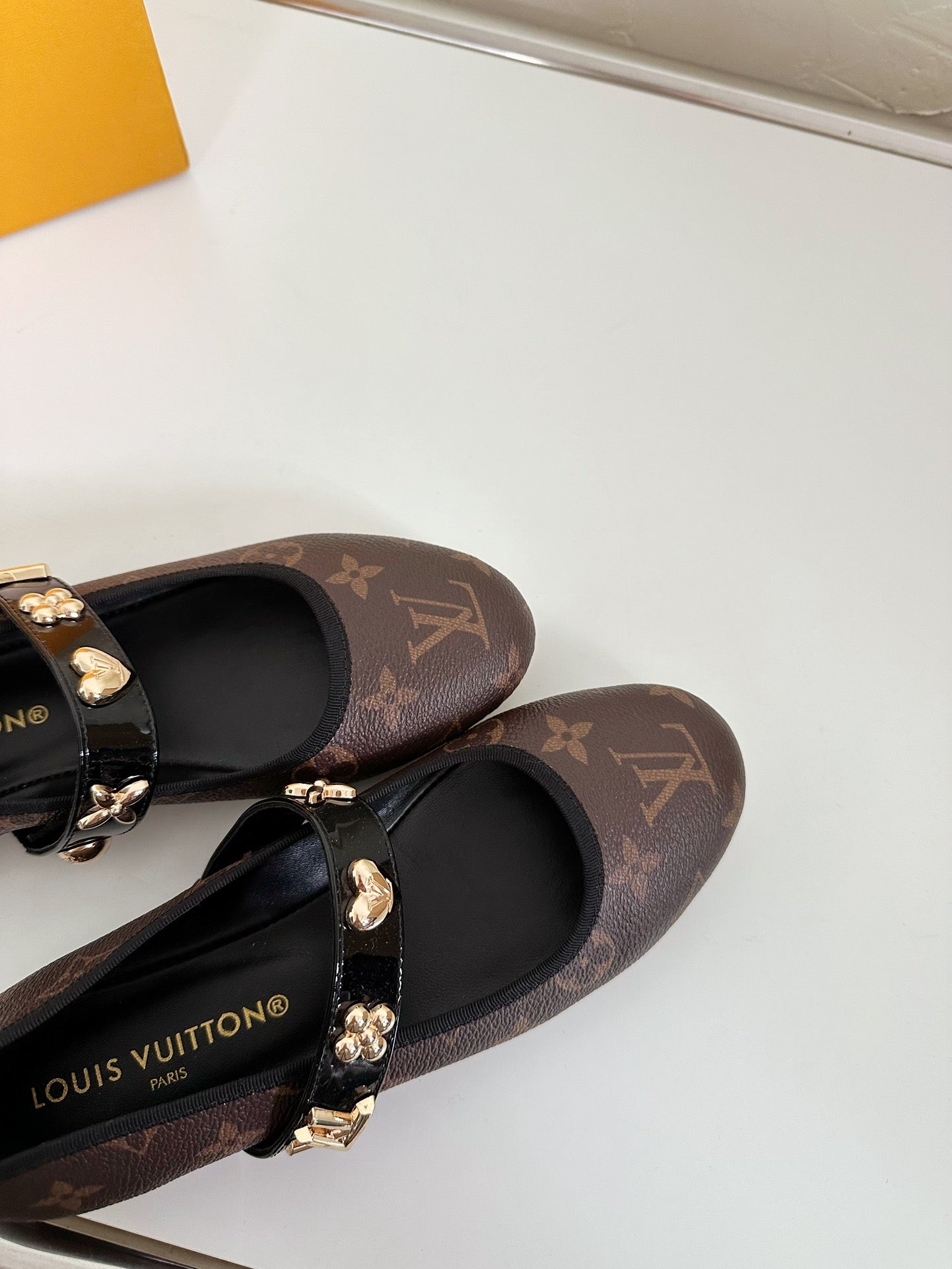 ROMY FLAT BALLERINA IN CHOCOLATE BROWN MONOGRAM CALFSKIN - 35