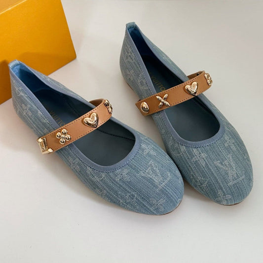 ROMY FLAT BALLERINA IN LIGHT BLUE MONOGRAM DENIM - 35