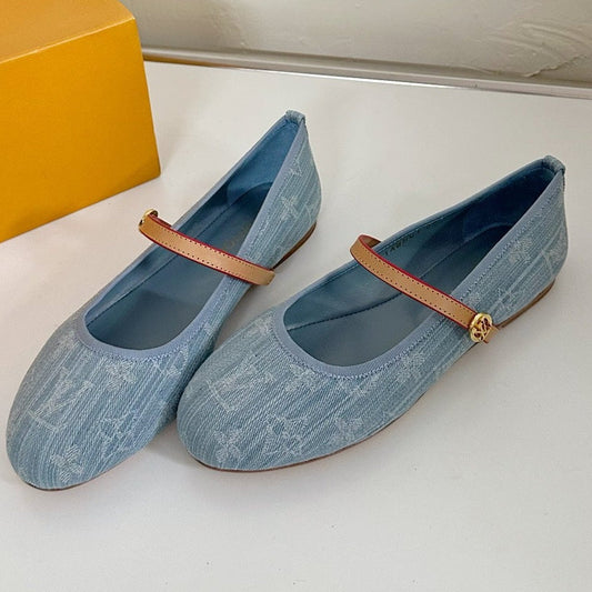 ROMY FLAT BALLERINA IN LIGHT BLUE MONOGRAM DENIM FABRIC - 35