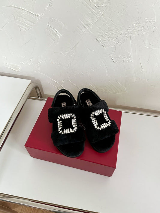 SLIDY VIV' WINTER FUR STRASS BUCKLE SANDALS IN BLACK SHEARLING - 34