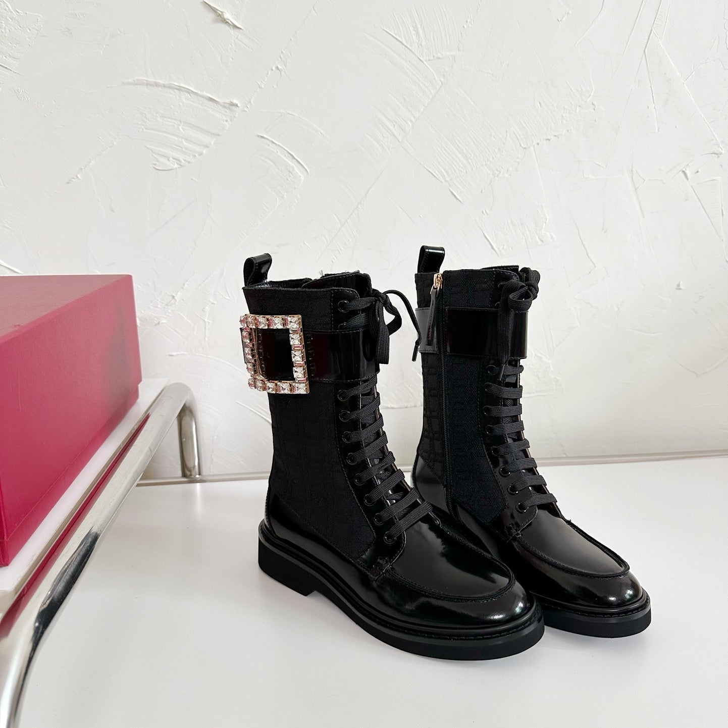 VIV' RANGERS STRASS BUCKLE BOOTS IN BLACK FABRICS - 35