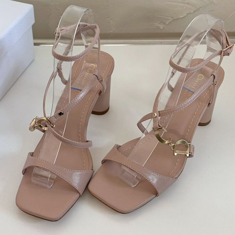 MEDIUM SQUARE HEEL SANDAL IN BLUSH PINK LAMBSKIN - 35