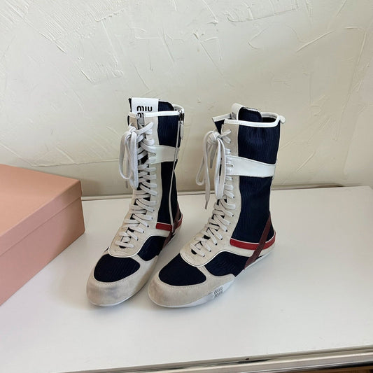 LACE-UP KNEE BOOTS IN BEIGE SUEDE AND NAVY MESH - 35