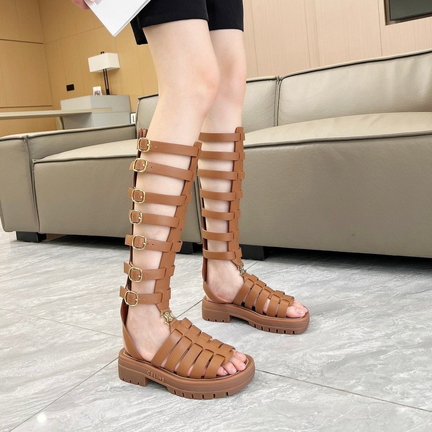 Triomphe high boots  leather buckles Ginggerbread Brown - 35
