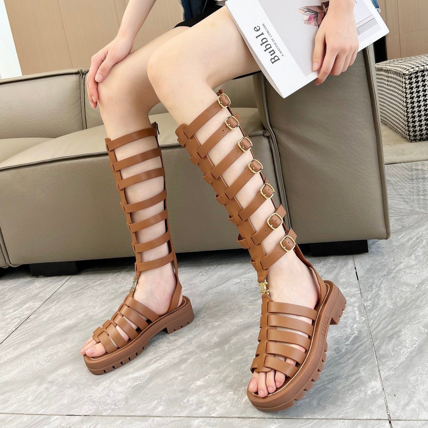Triomphe high boots  leather buckles Ginggerbread Brown - 35