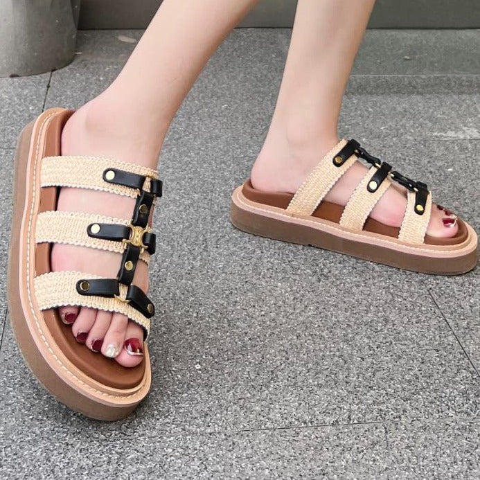 TIPPI SLIDE IN CANVAS & CALFSKIN NATURAL BROWN CREAM/ BLACK - 35