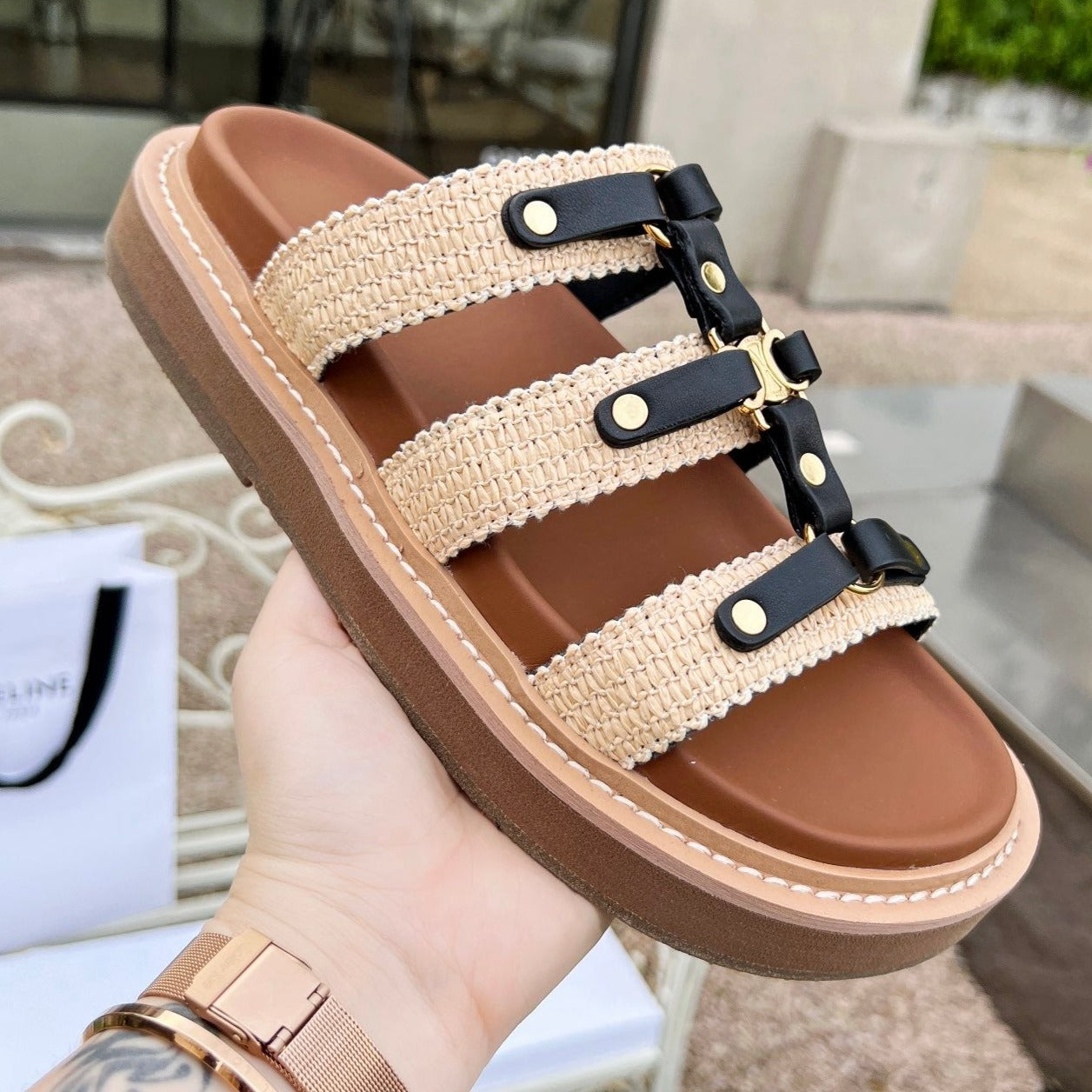 TIPPI SLIDE IN CANVAS & CALFSKIN NATURAL BROWN CREAM/ BLACK - 35