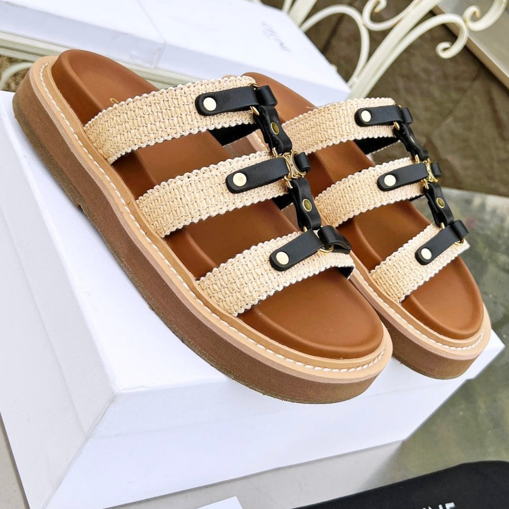 TIPPI SLIDE IN CANVAS & CALFSKIN NATURAL BROWN CREAM/ BLACK - 35