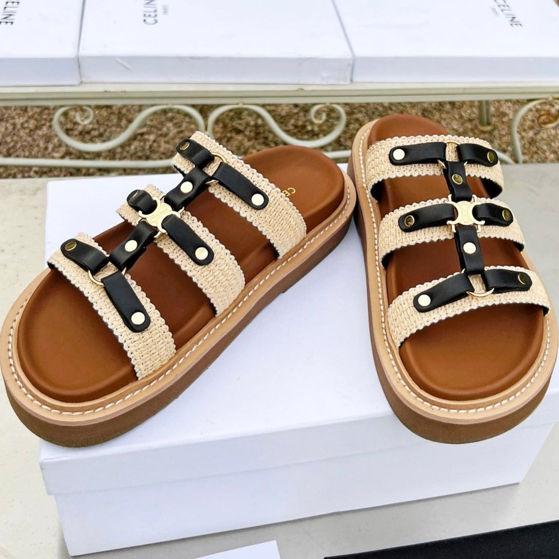 TIPPI SLIDE IN CANVAS & CALFSKIN NATURAL BROWN CREAM/ BLACK - 35