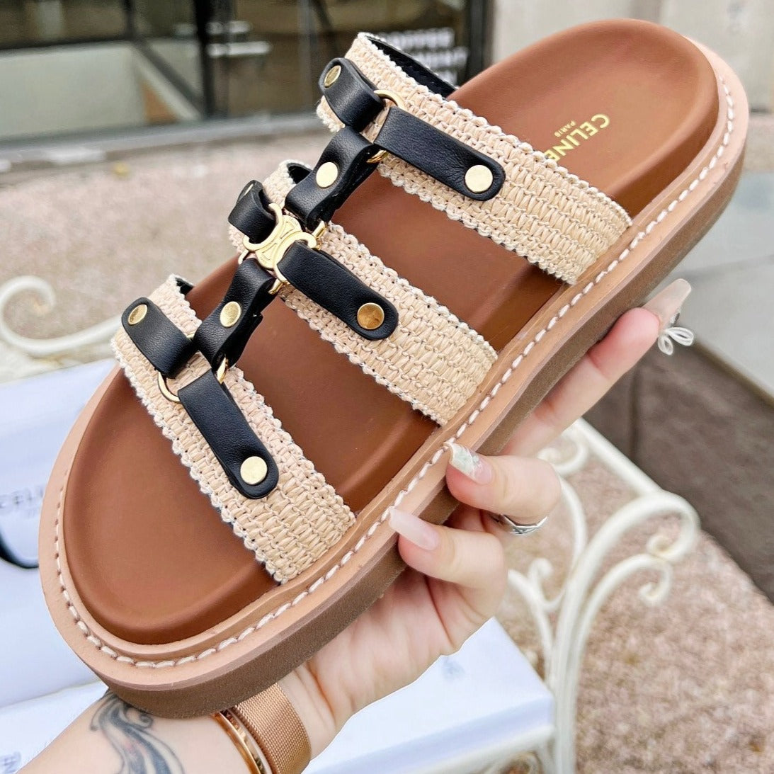 TIPPI SLIDE IN CANVAS & CALFSKIN NATURAL BROWN CREAM/ BLACK - 35