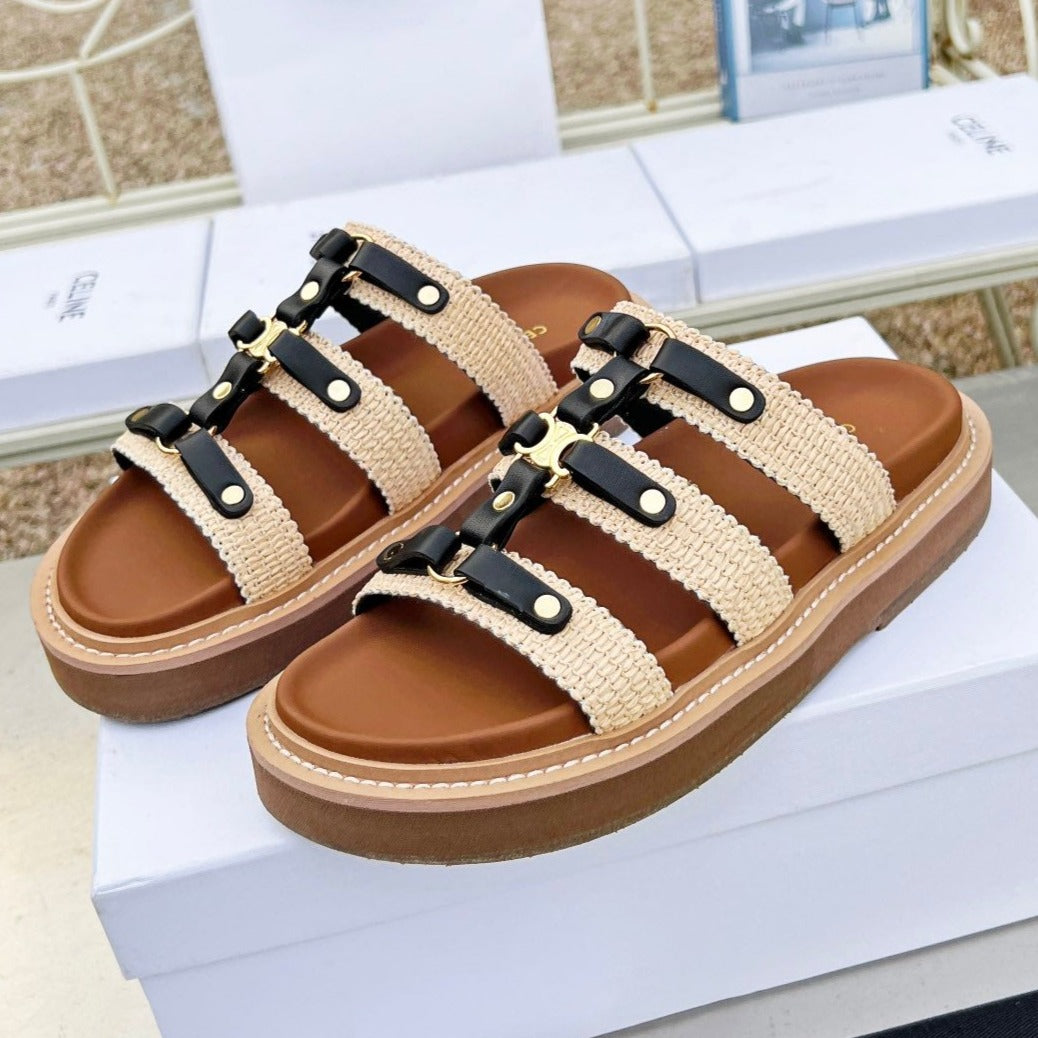 TIPPI SLIDE IN CANVAS & CALFSKIN NATURAL BROWN CREAM/ BLACK - 35
