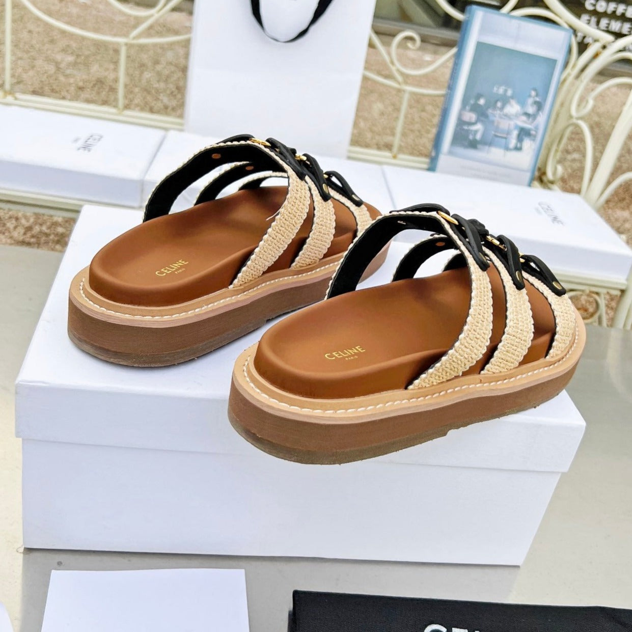 TIPPI SLIDE IN CANVAS & CALFSKIN NATURAL BROWN CREAM/ BLACK - 35
