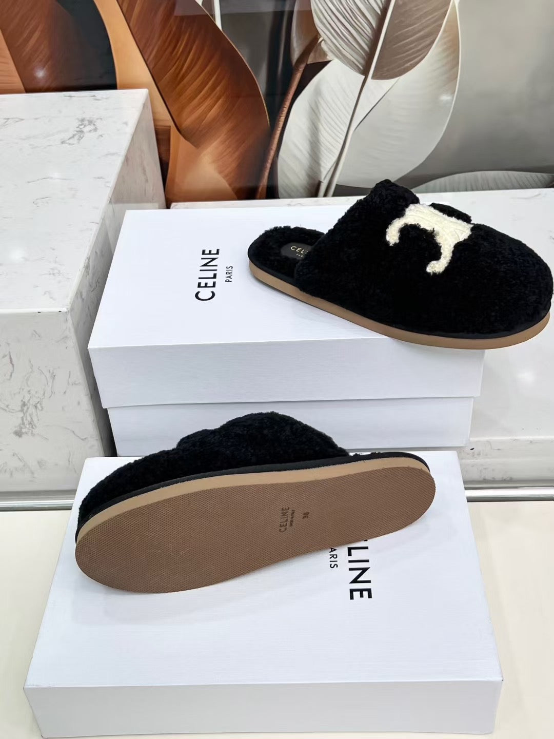 CELINE 25S GEORGIA SLIDE IN SHEARLING IN BLACK - 35