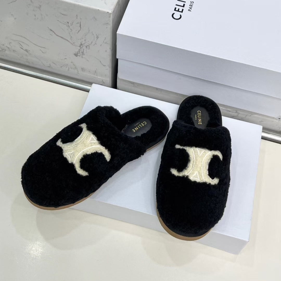 CELINE 25S GEORGIA SLIDE IN SHEARLING IN BLACK - 35