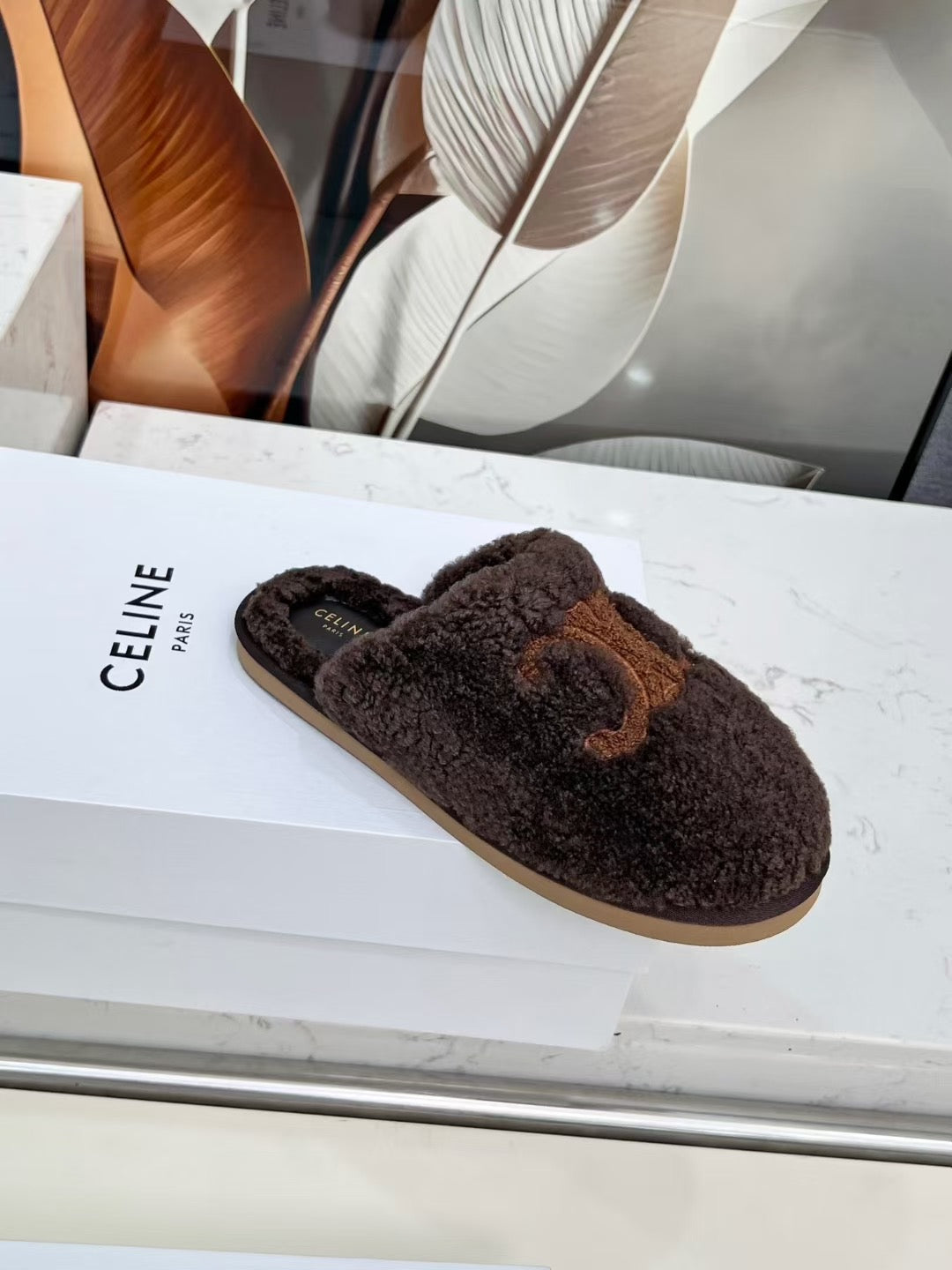 CELINE 25S GEORGIA SLIDE IN SHEARLING IN DARK BROWN - 35