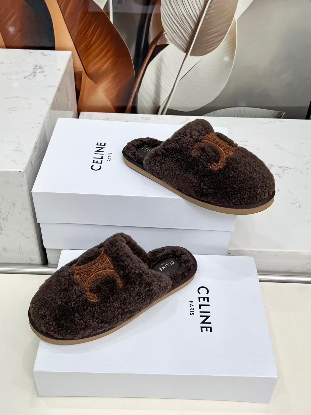 CELINE 25S GEORGIA SLIDE IN SHEARLING IN DARK BROWN - 35