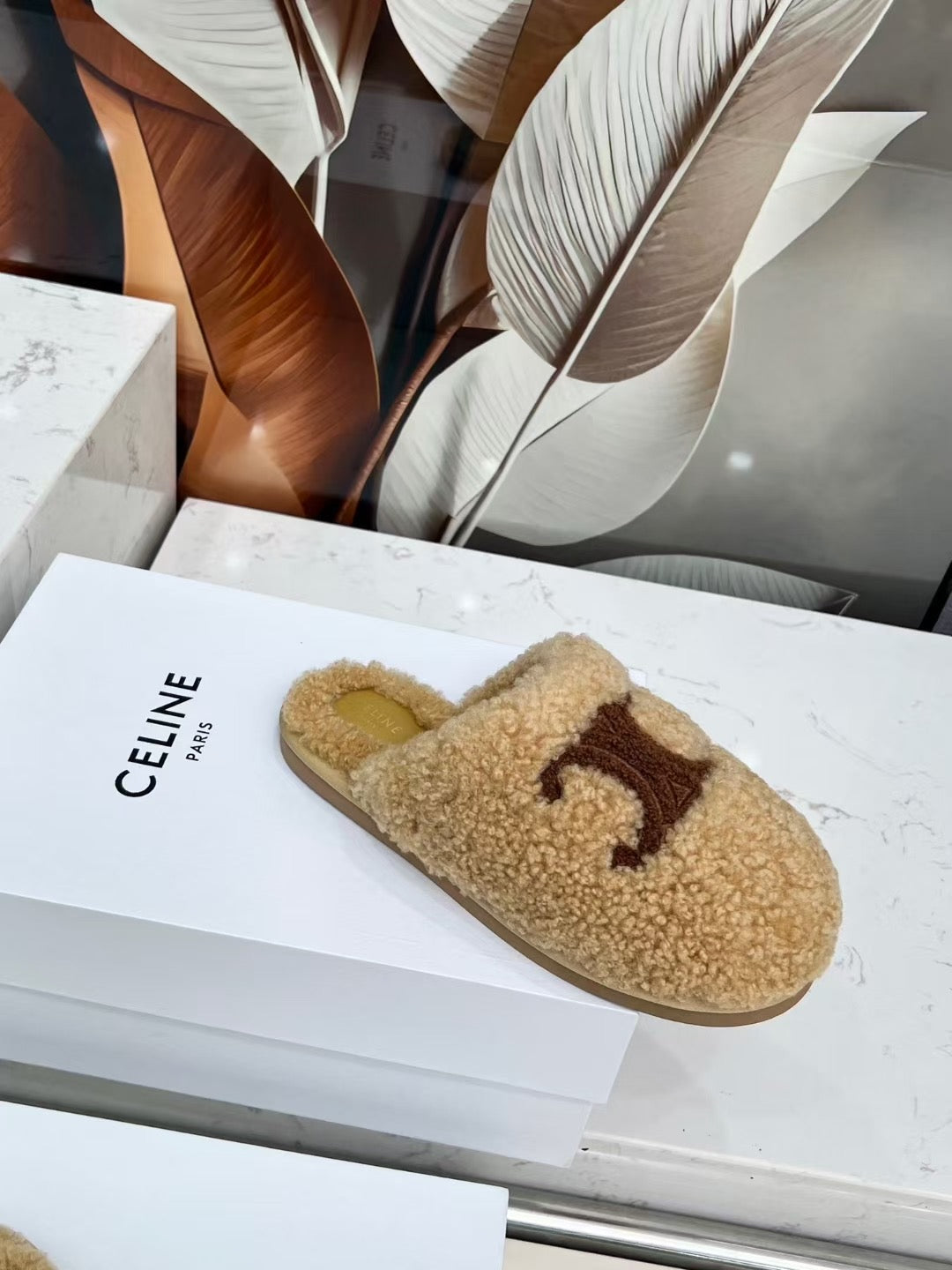 CELINE 25S GEORGIA SLIDE IN SHEARLING IN BROWN - 35