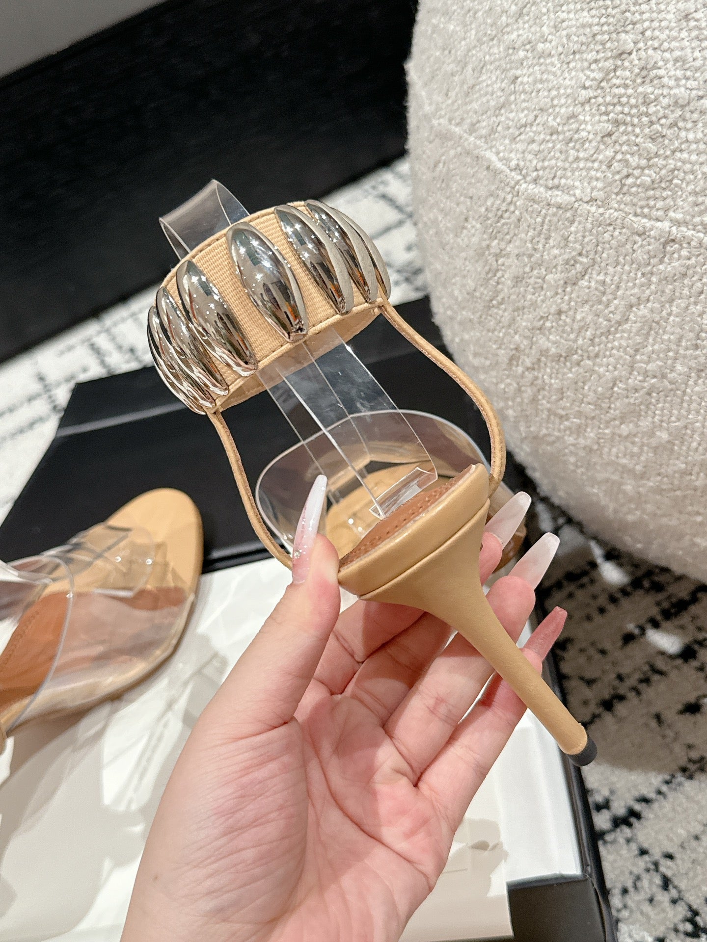 ALAIA HIGH SANDAL IN BEIGE CALFSKN AND FILM WITH CRYSTAL - 35