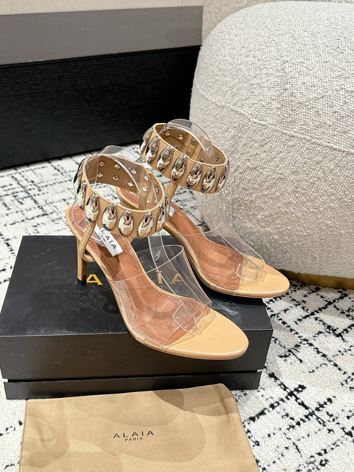 ALAIA HIGH SANDAL IN BEIGE CALFSKN AND FILM WITH CRYSTAL - 35