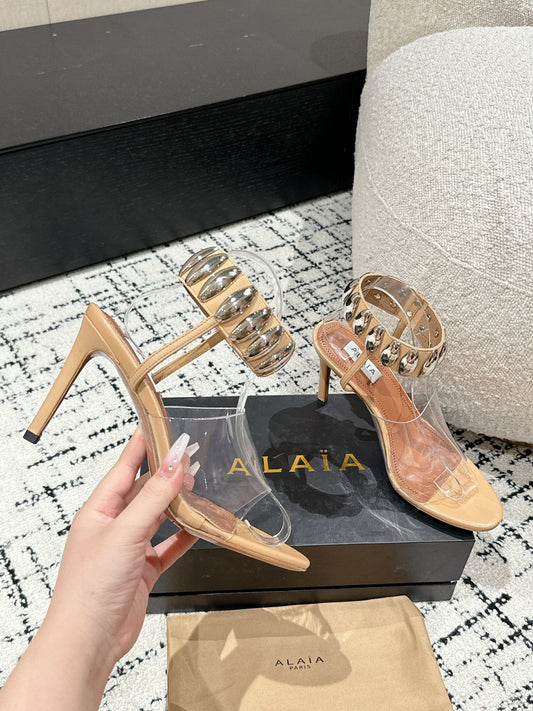 ALAÏA ВИСОКІ БОСОНІЖКИ З ТЕЛЯЧОЇ ШКІРИ ТА ПЛІВКИ БЕЖЕВОГО КОЛЬОРУ З КРИСТАЛАМИ - 35