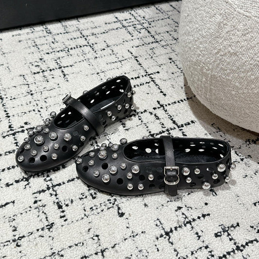 ALAIA PEARL MARY JANE SHOES IN BLACK LAMBSKIN - 35