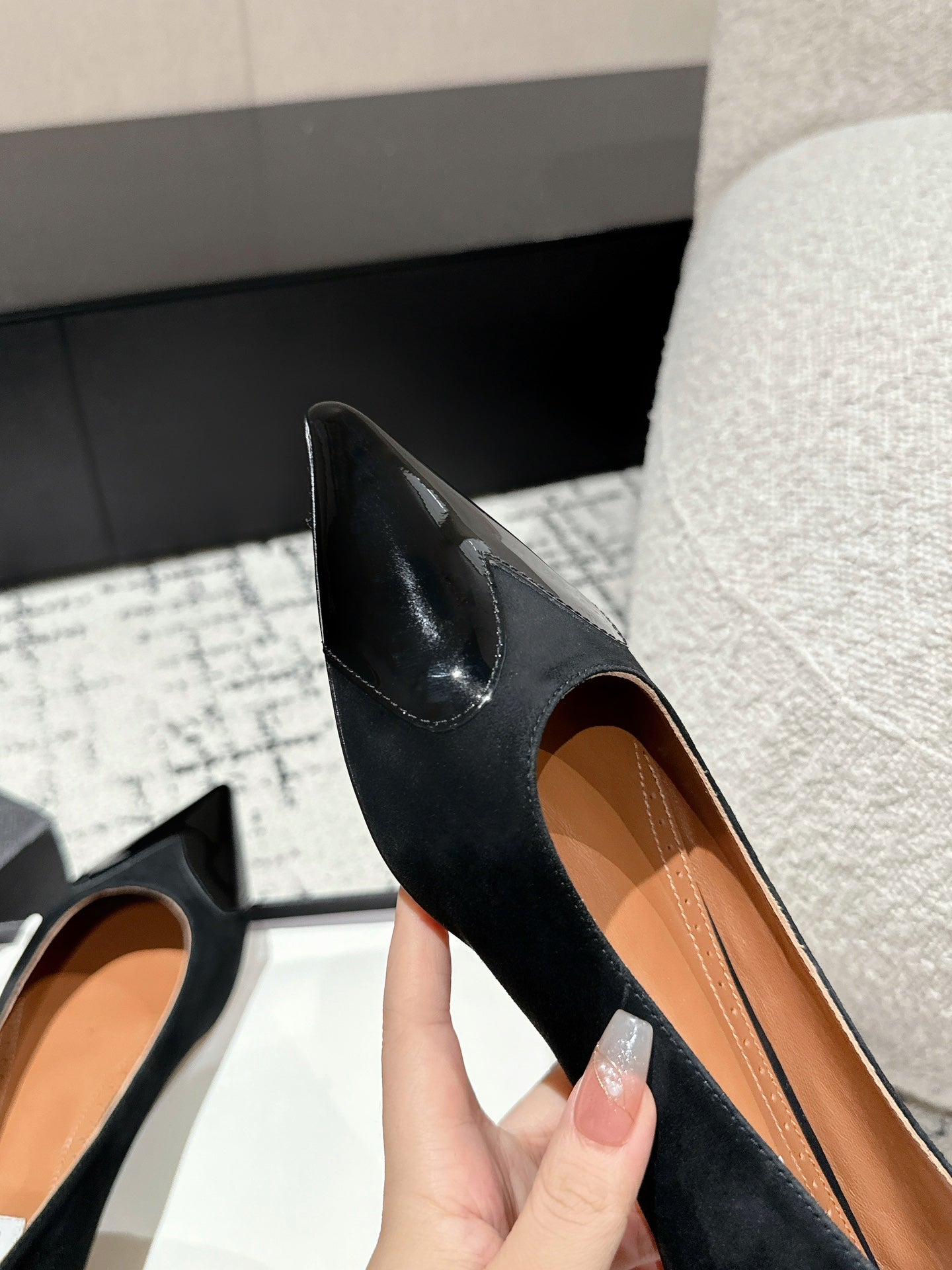 ALAIA PUMP 1 CM IN BLACK SUEDE MIX BLACK CALFSKIN - 35