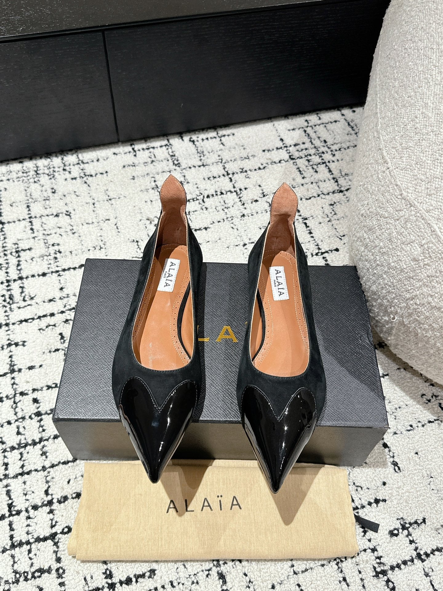 ALAIA PUMP 1 CM IN BLACK SUEDE MIX BLACK CALFSKIN - 35