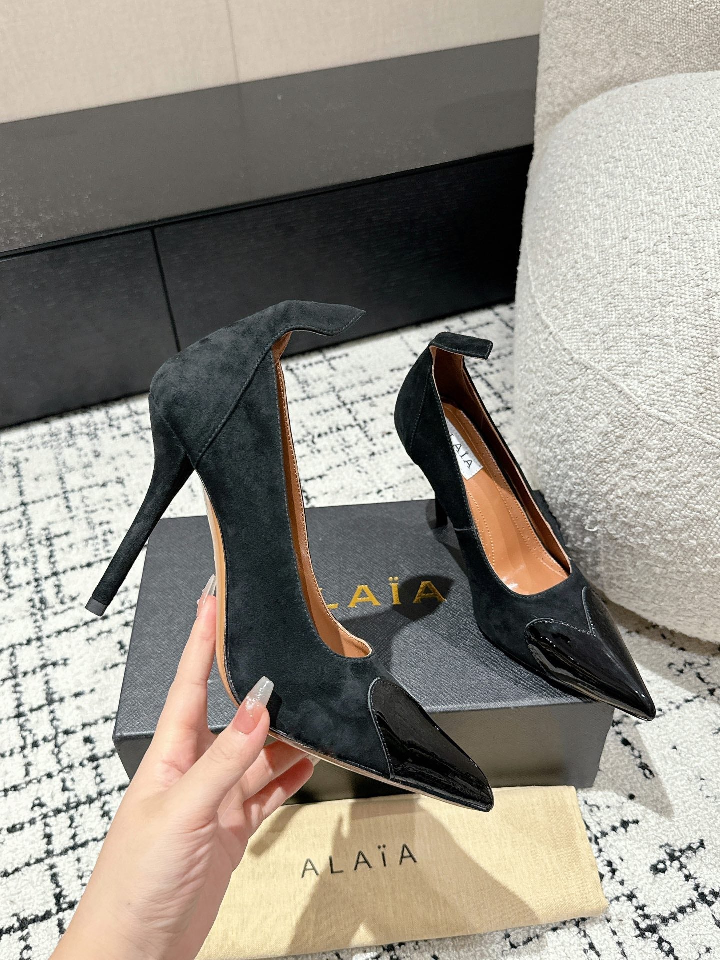 ALAIA HIGH PUMPS 10CM IN BLACK SUEDE MIX CALFSKIN - 35