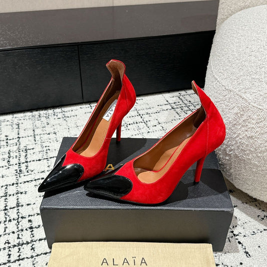 ALAIA HIGH PUMPS 10CM IN CHERRY RED SUEDE MIX BLACK CALFSKIN - 35