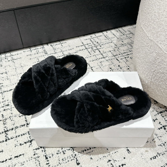 CROSS STRAP SLIPPER IN BLACK SHEARLING - 35