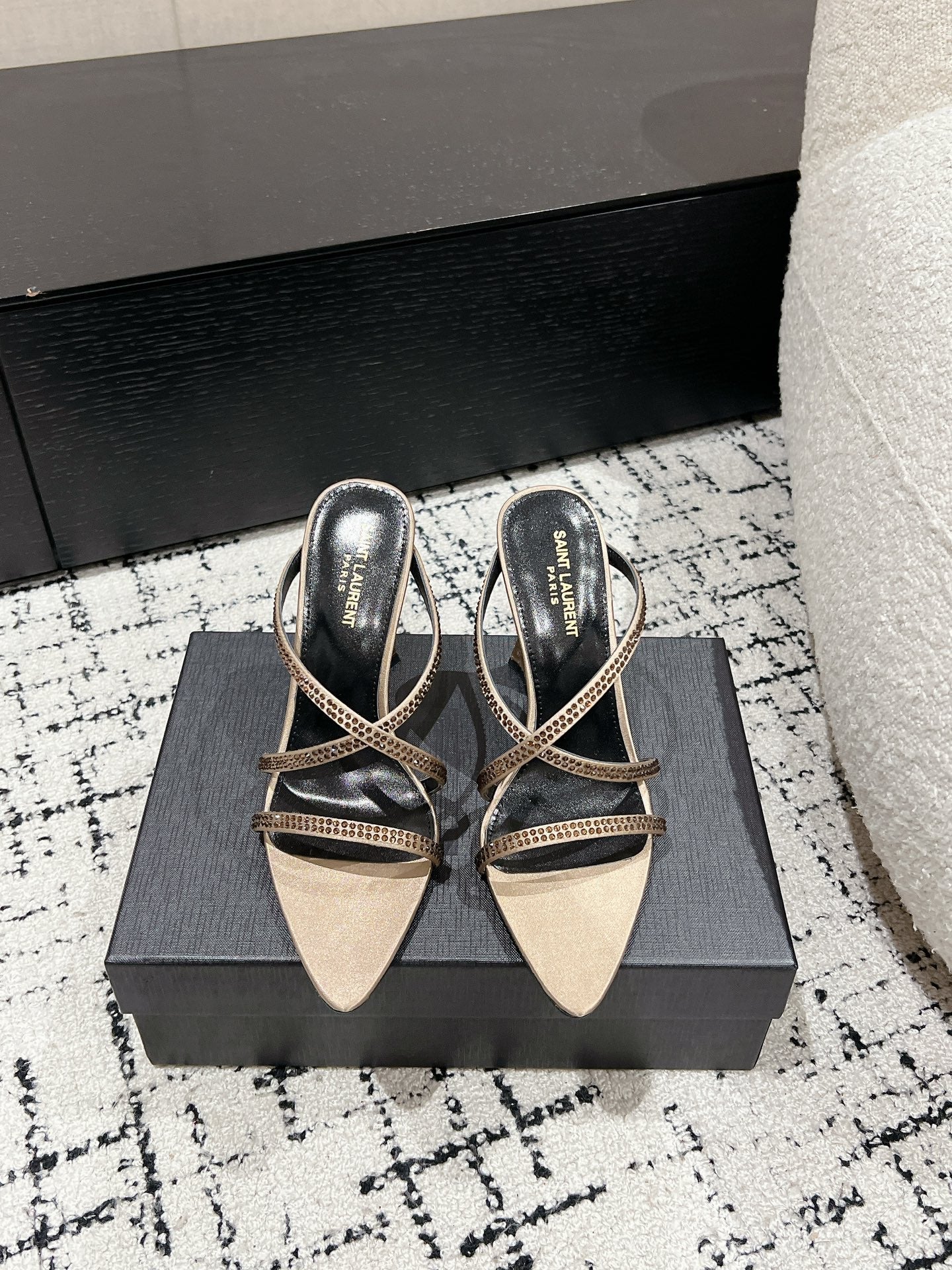 HIGH CRYSTAL STRAP SANDALS IN BOUTIQUE BEIGE SILK - 34