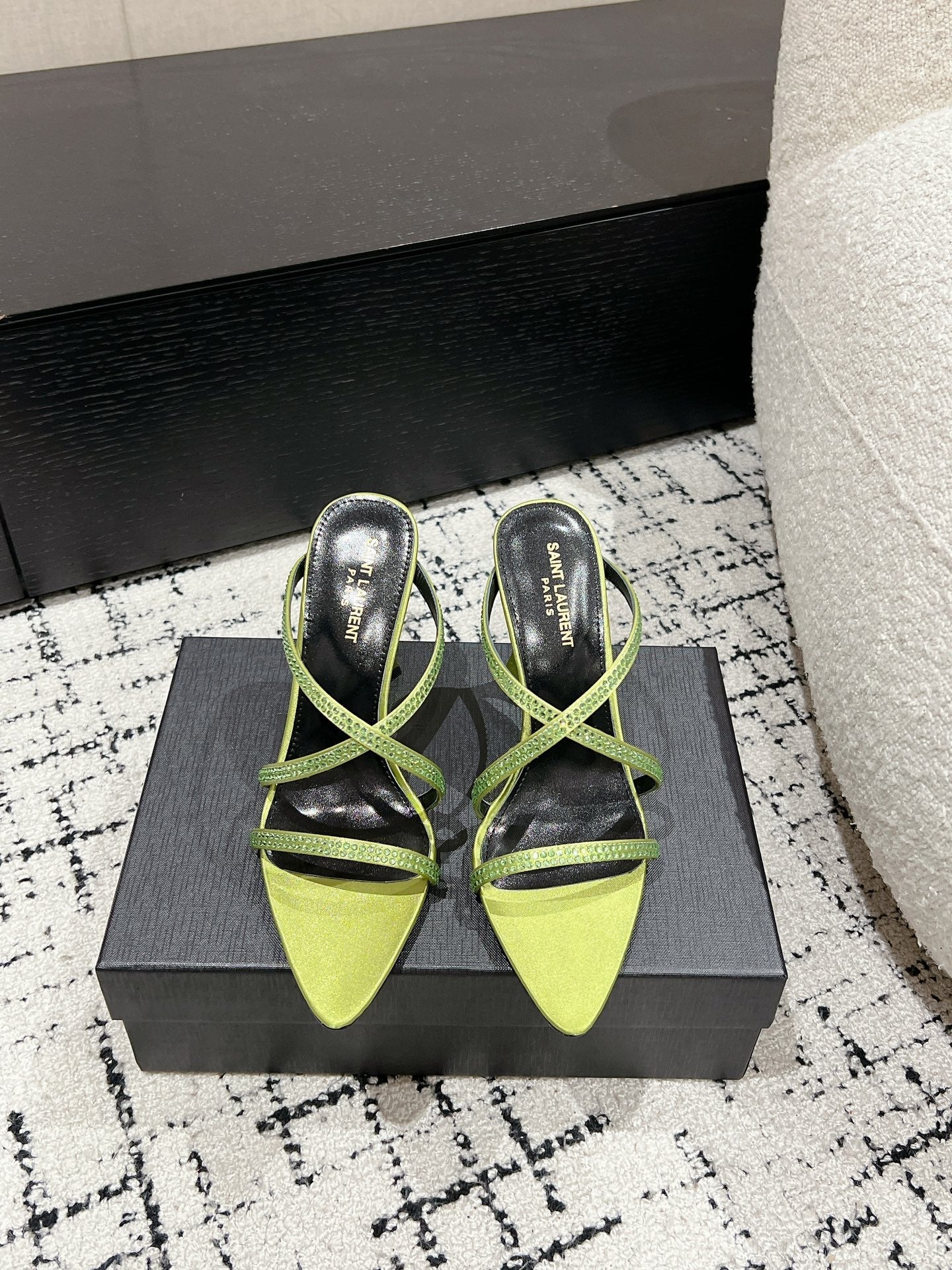 HIGH CRYSTAL STRAP SANDALS IN PEAR GREEN SILK - 34