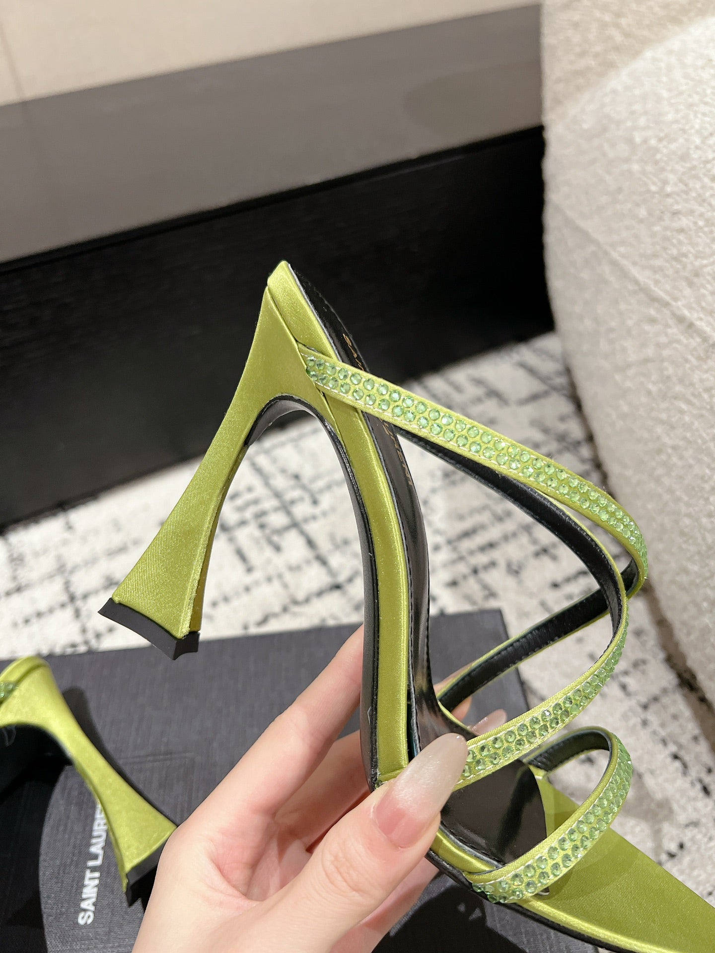 HIGH CRYSTAL STRAP SANDALS IN PEAR GREEN SILK - 34