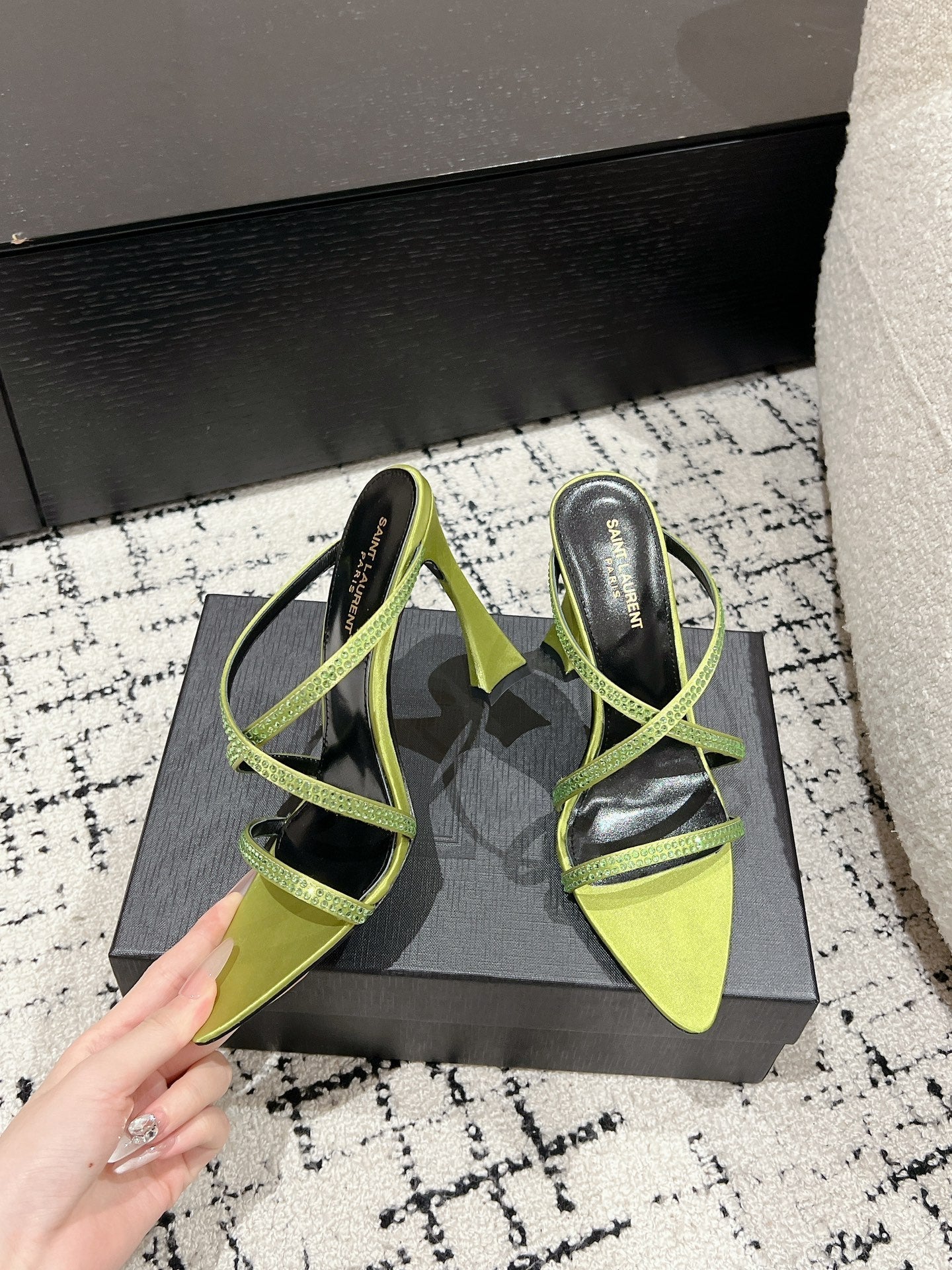 HIGH CRYSTAL STRAP SANDALS IN PEAR GREEN SILK - 34