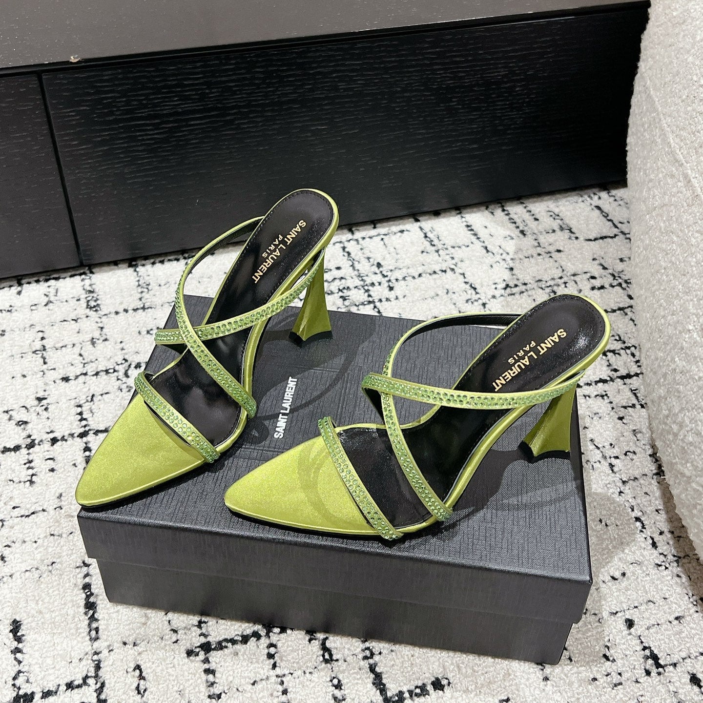 HIGH CRYSTAL STRAP SANDALS IN PEAR GREEN SILK - 34