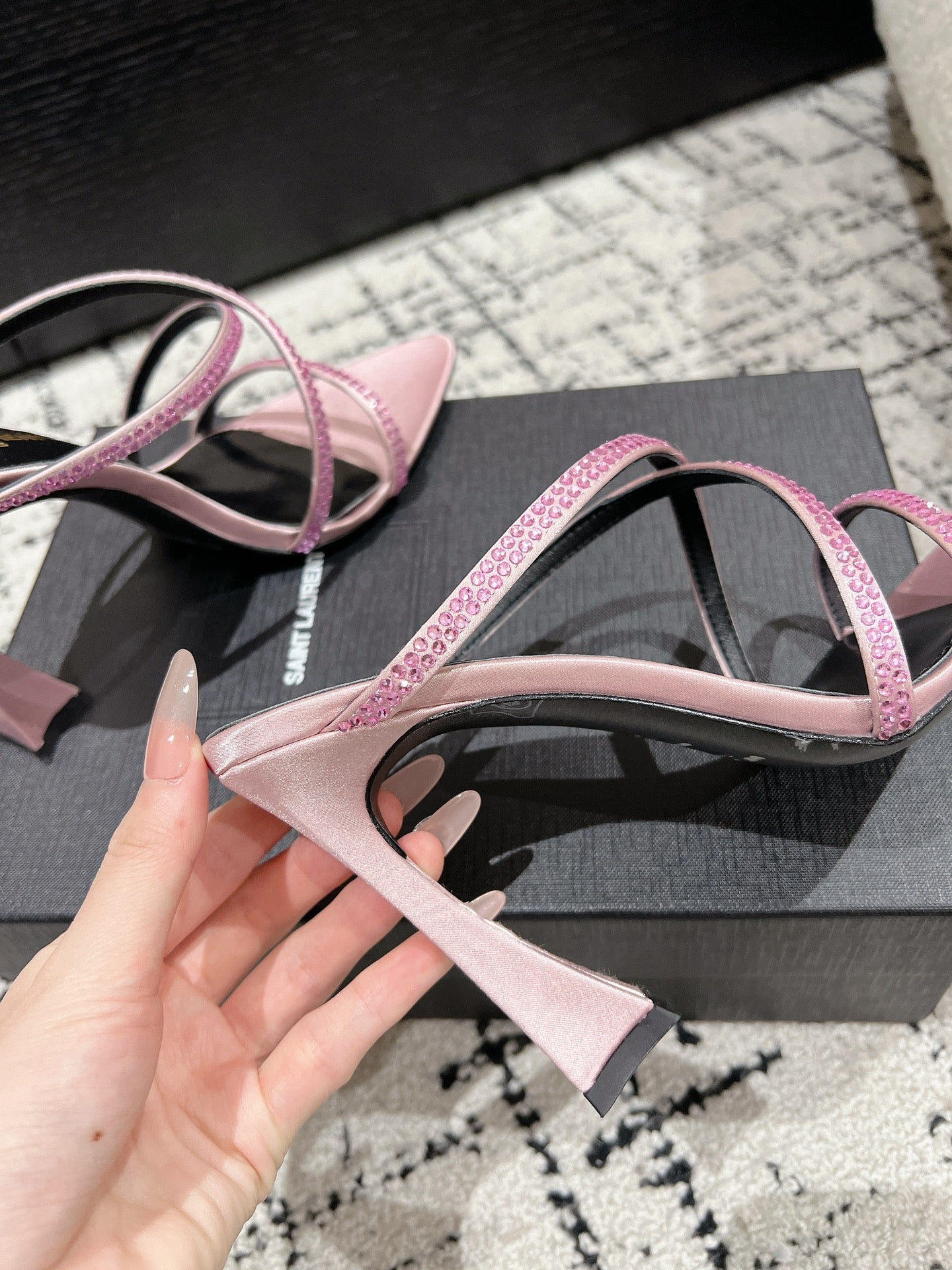 HIGH CRYSTAL STRAP SANDALS IN LIGHT PINK SILK - 34