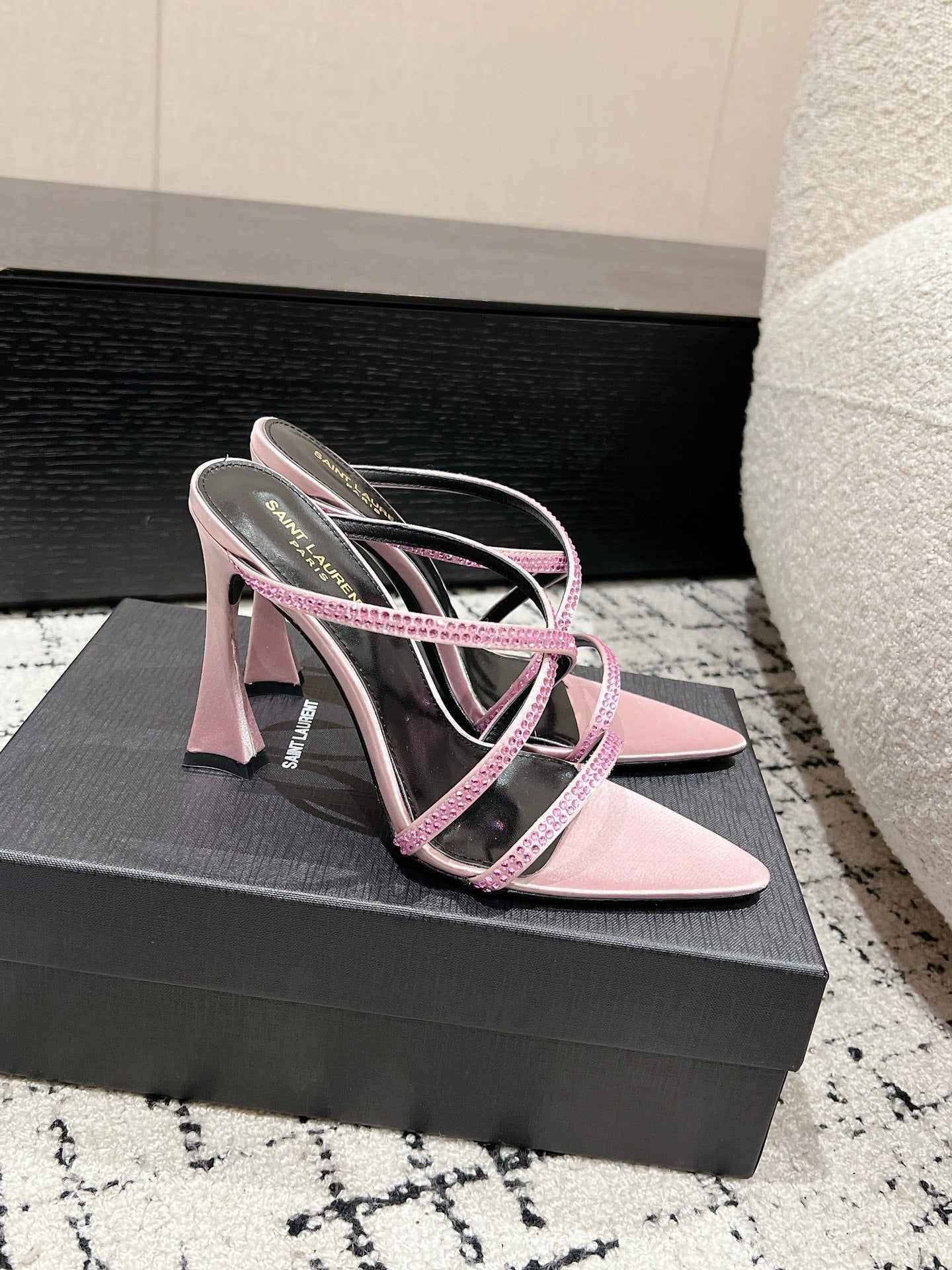 HIGH CRYSTAL STRAP SANDALS IN LIGHT PINK SILK - 34