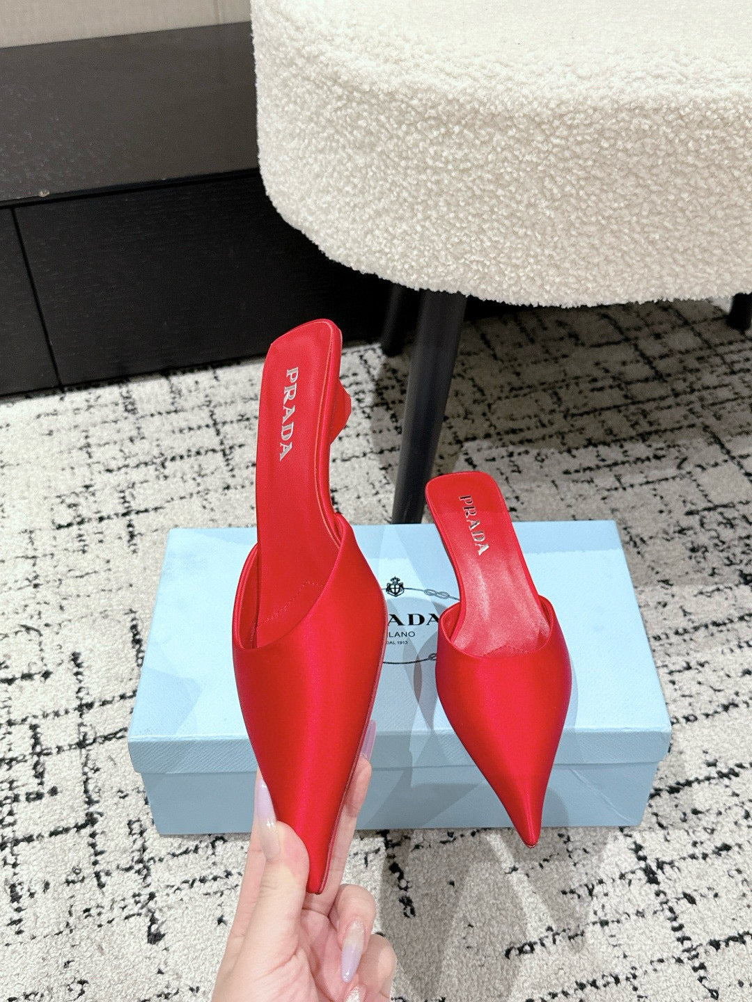 PRADA 25S POINTED-TOE MULES IN CRIMSON RED SATIN - 35