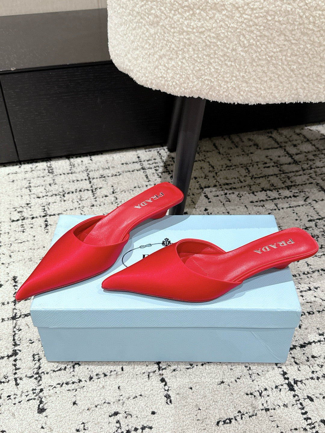 PRADA 25S POINTED-TOE MULES IN CRIMSON RED SATIN - 35