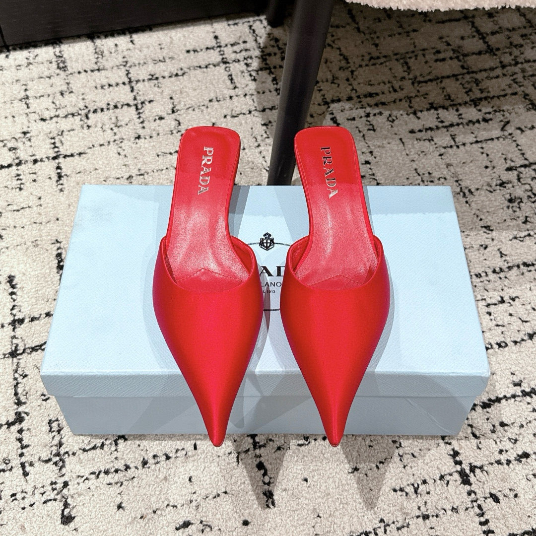 PRADA 25S POINTED-TOE MULES IN CRIMSON RED SATIN - 35