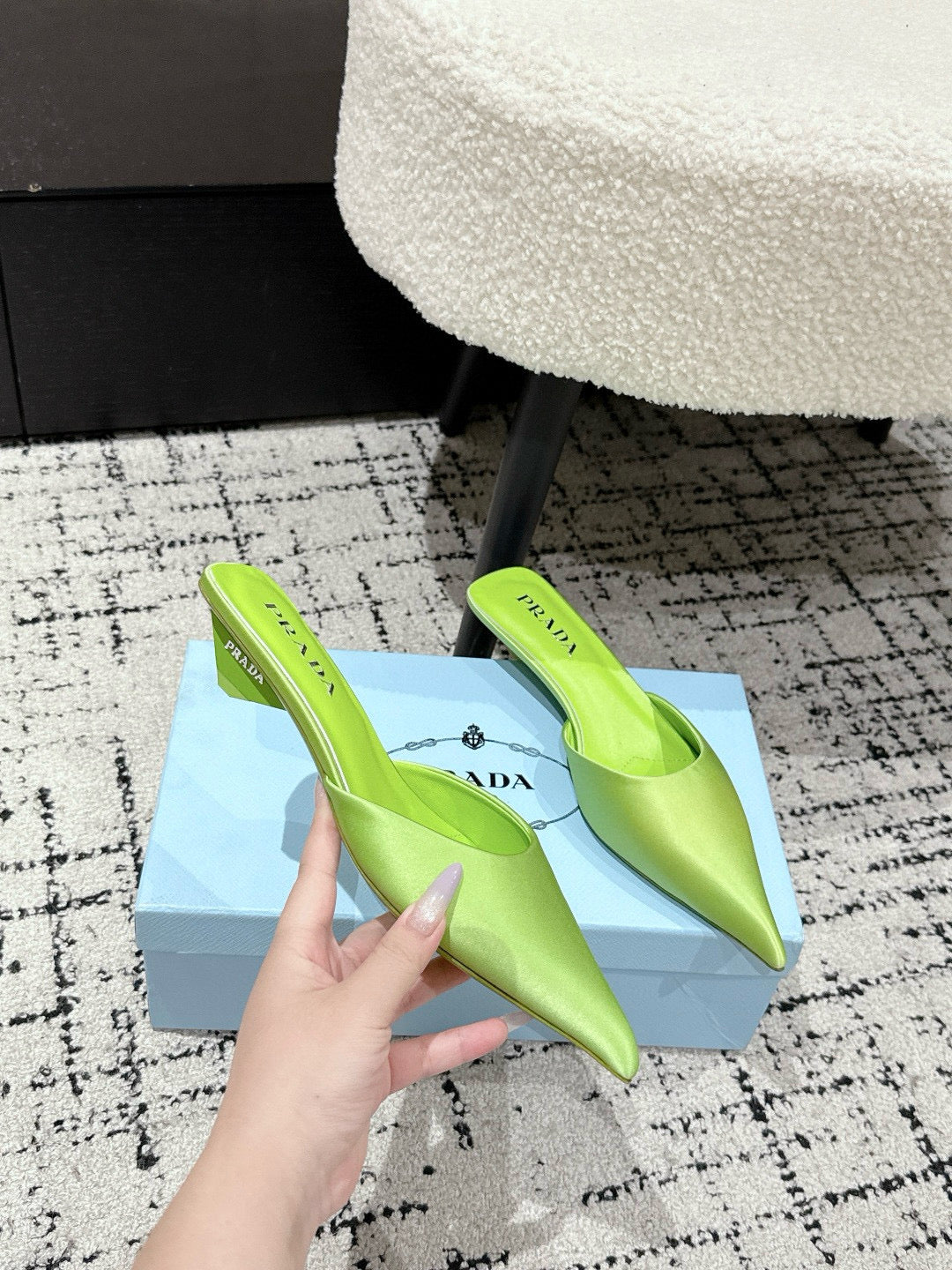 PRADA 25S POINTED-TOE MULES IN LIME GREEN SATIN - 35