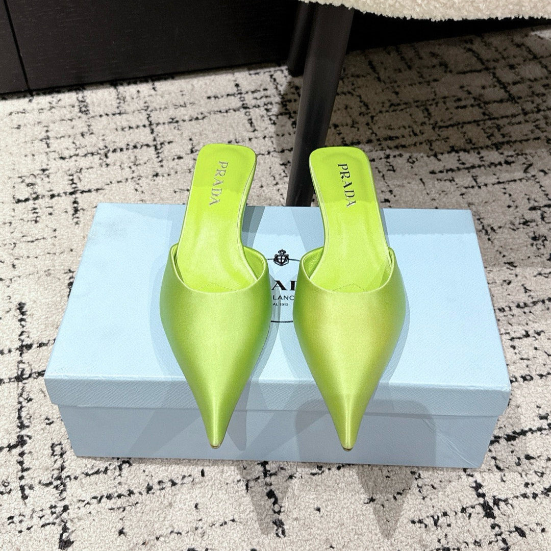 PRADA 25S POINTED-TOE MULES IN LIME GREEN SATIN - 35