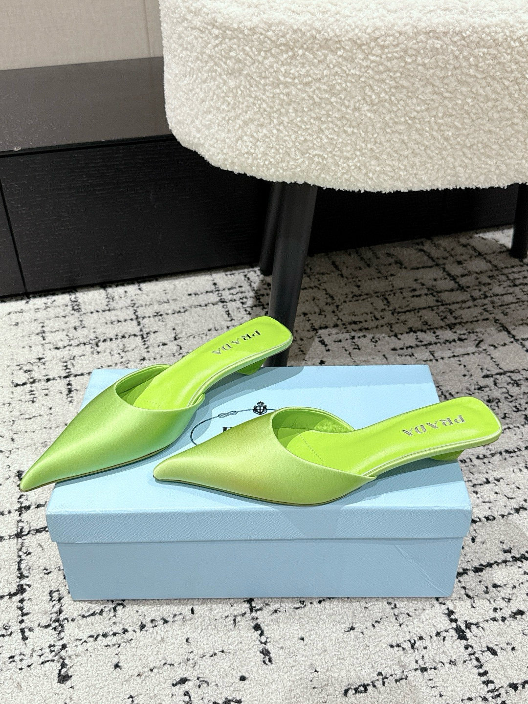 PRADA 25S POINTED-TOE MULES IN LIME GREEN SATIN - 35