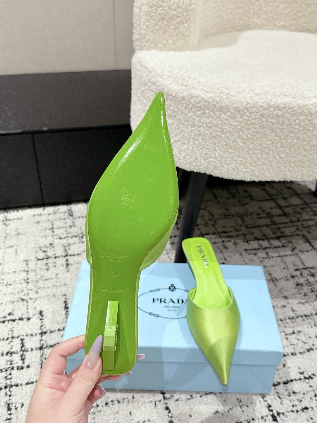 PRADA 25S POINTED-TOE MULES IN LIME GREEN SATIN - 35