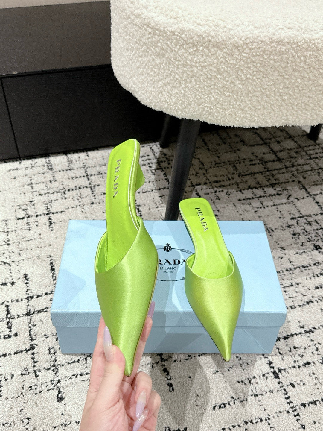PRADA 25S POINTED-TOE MULES IN LIME GREEN SATIN - 35