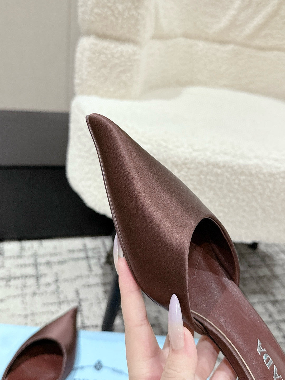 PRADA 25S POINTED-TOE MULES IN DARK BROWN SATIN - 35