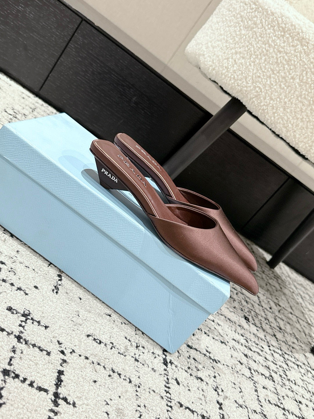 PRADA 25S POINTED-TOE MULES IN DARK BROWN SATIN - 35
