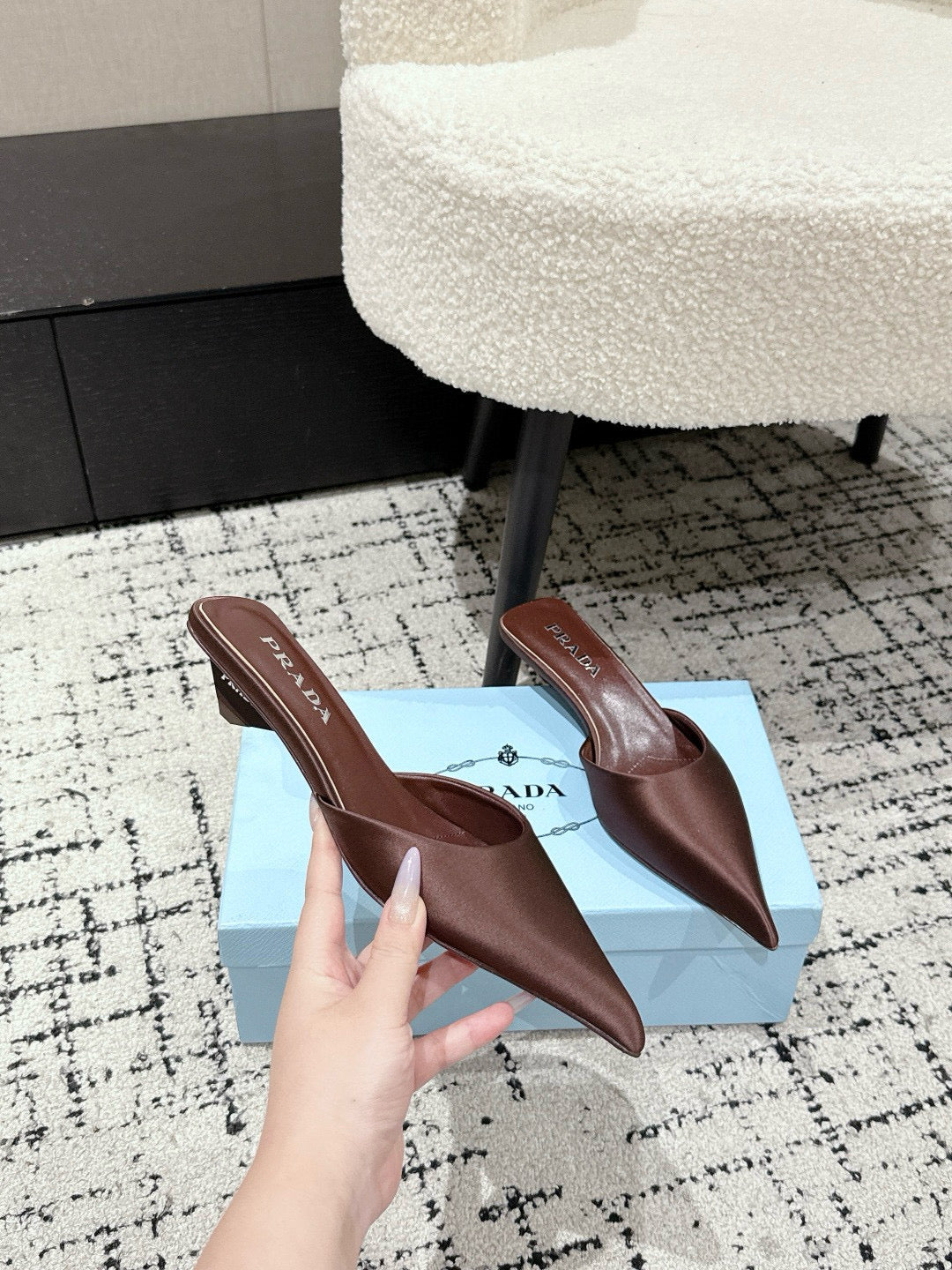 PRADA 25S POINTED-TOE MULES IN DARK BROWN SATIN - 35